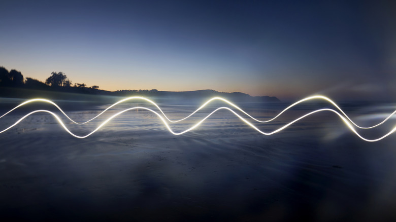 Waves travelling across a scenic background