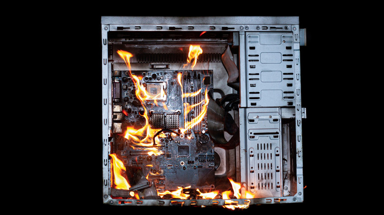 A desktop computer on fire