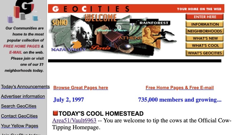 Screenshot of early Geocities homepage