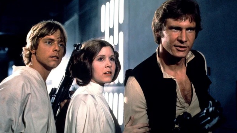 Mark Hamill, Carrie Fisher, and Harrison Ford as Luke Skywalker, Princess Leia and Han Solo in Star Wars: A New Hope