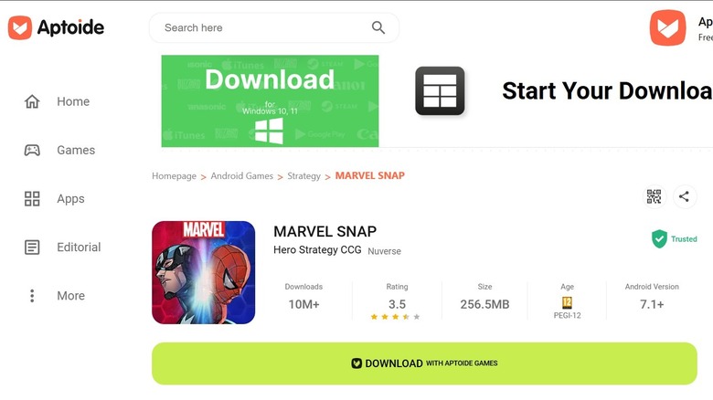 Marvel Snap storefront download page from Aptoide.