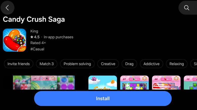 Candy Crush Saga storefront page in the Samsung Galaxy Store.
