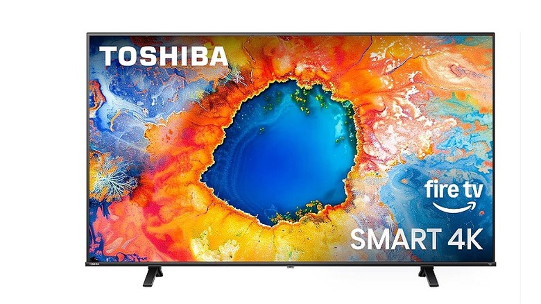 Toshiba TV displaying multiple colors against a white background.