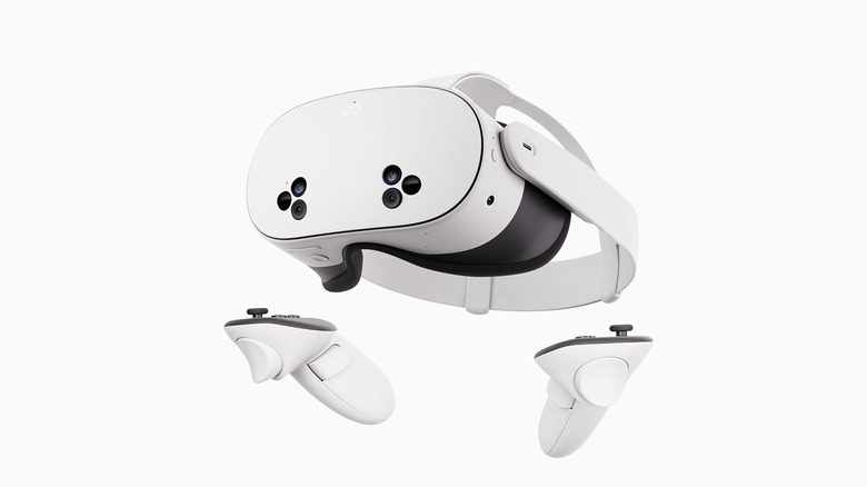 The Meta Quest 3S VR headset with controllers on a gray background.