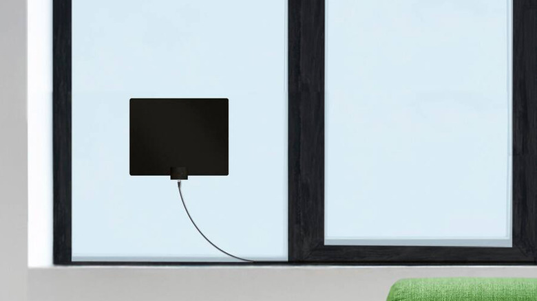 A Mohu Leaf 50 installed on a window.