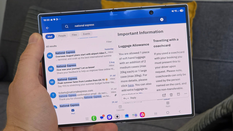 A Samsung Galaxy Z Fold 8 showing the Outlook app in a split view.