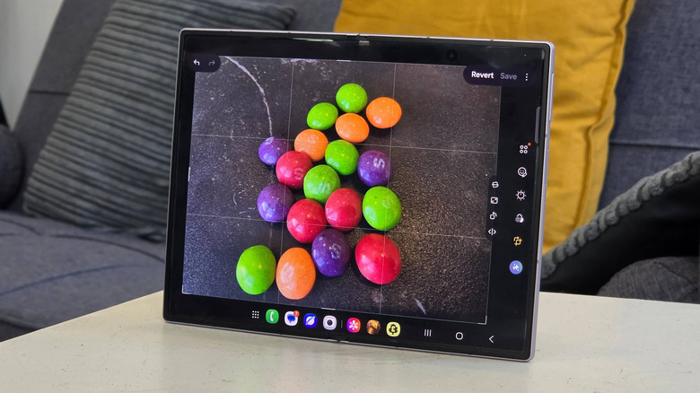 A Samsung Galaxy Z Fold 8 showing a picture of Skittles being edited.