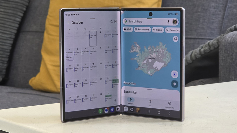 A Samsung Galaxy Z Fold 8 showing the calendar app on one side, and Google Maps on the other.