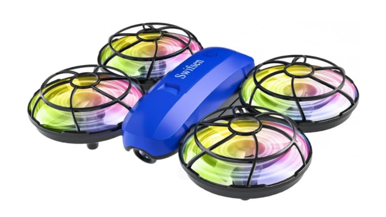 The Swifsen drone showing the propeller guards and multicolored lights on a white background