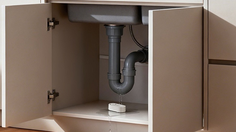 Water sensor placed underneath a kitchen sink pipe.