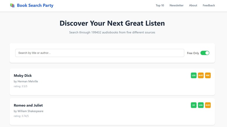 The front page of Book Search Party, showing Moby Dick and Romeo and Juliet.