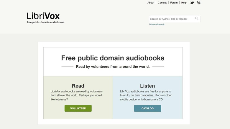 The LibriVox home page, showing options to read or listen to audio books.