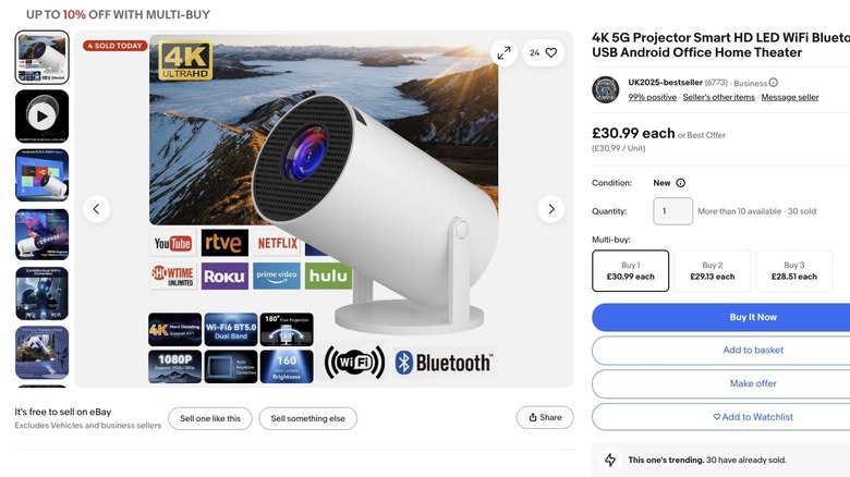 Screenshot of an eBay product listing for a projector that uses the 4K logo