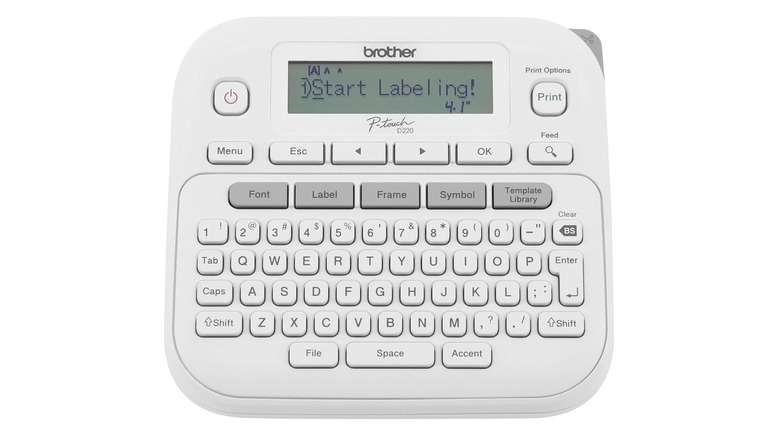 The Brother P-Touch PTD220 label maker on a white background.