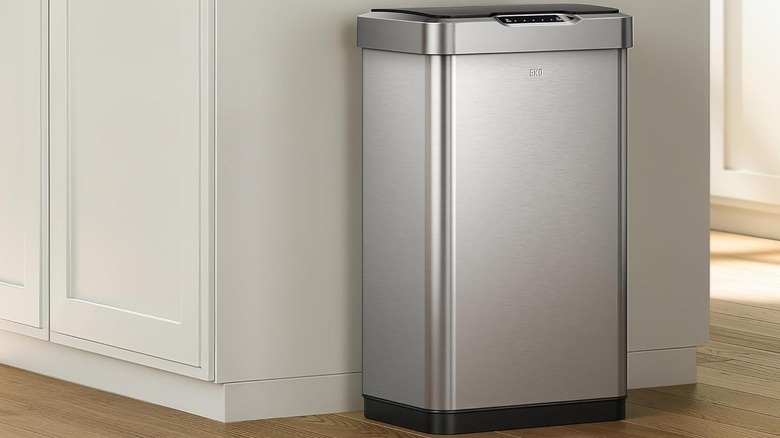 The EKO Deluxe Mirage-T touchless trash can in the kitchen.