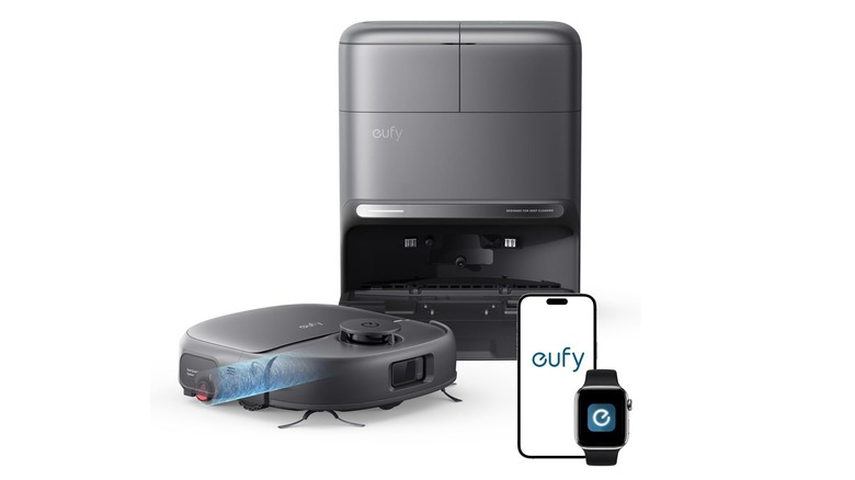 The Eufy Omni C28 robot vacuum and mop with its docking station on a white background.