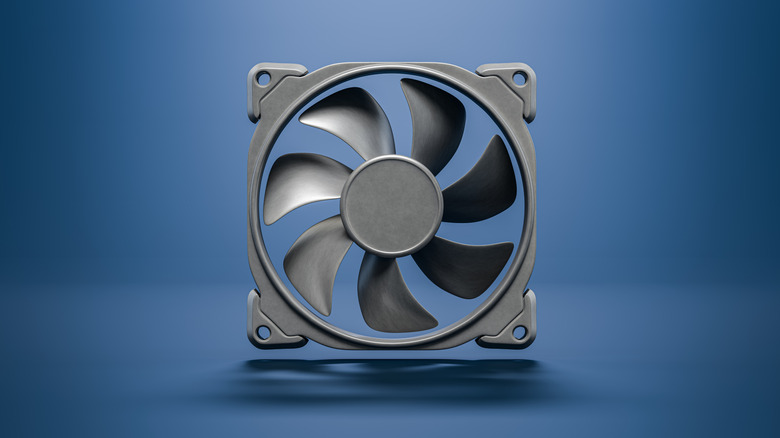 Front view of a square computer cooling fan with seven black blades and four mounting holes, isolated against a blue gradient background.