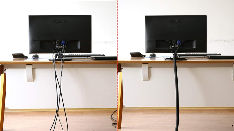A before and after image of behind a computer, one image has a mess of wires, the other is in a cable sleeve
