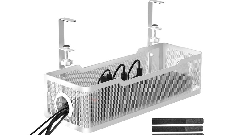 A under desk computer cable tray on a white background, cables moving through it
