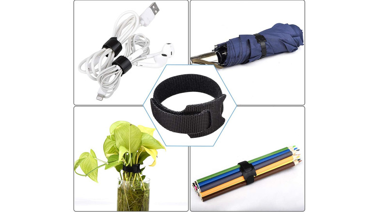 A graphic showing a velco strap wrapped around various objects