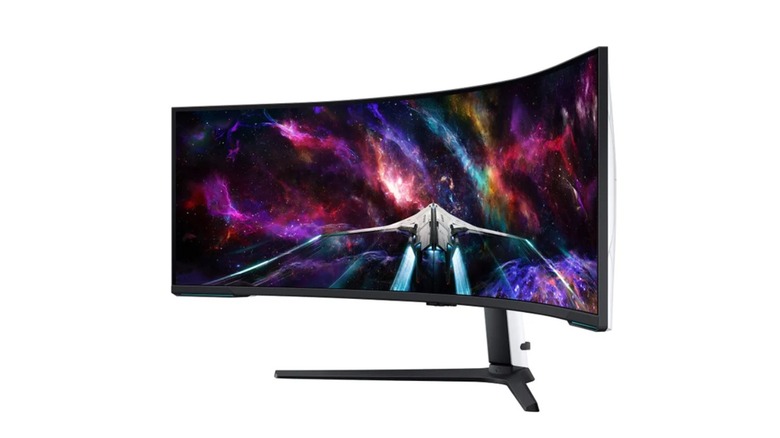 The Samsung 57-inch Odyssey Neo G9 Dual UHD curved gaming monitor on a white background.