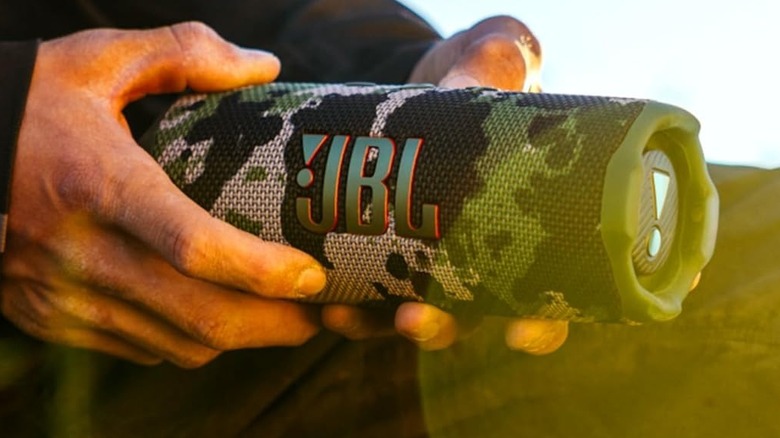 A person holding the JBL Flip 7 Bluetooth speaker under the sun.