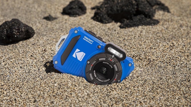 The Kodak PIXPRO WPZ2 digital camera in the sand.