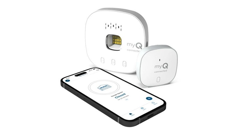 Chamberlain smart garage control side by side with Wi-Fi hub in white and a smartphone showing the app