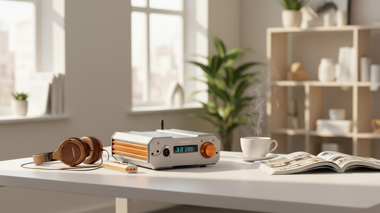 The Burson Conductor Stellar on a table, plugged to headphones