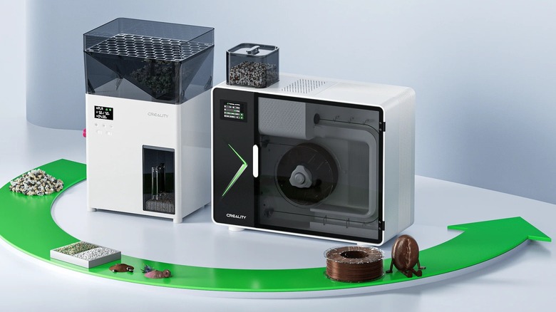 The Creality Filament Maker M1 and Shredder R1, with a graphic showing the recycling path for waste filament recycling
