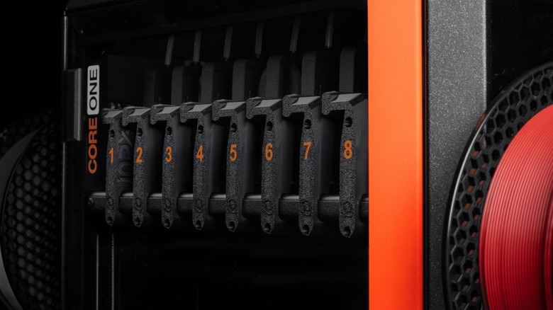 The Prusa Bondtech INDX system visible inside a Prusa Core One 3D printer