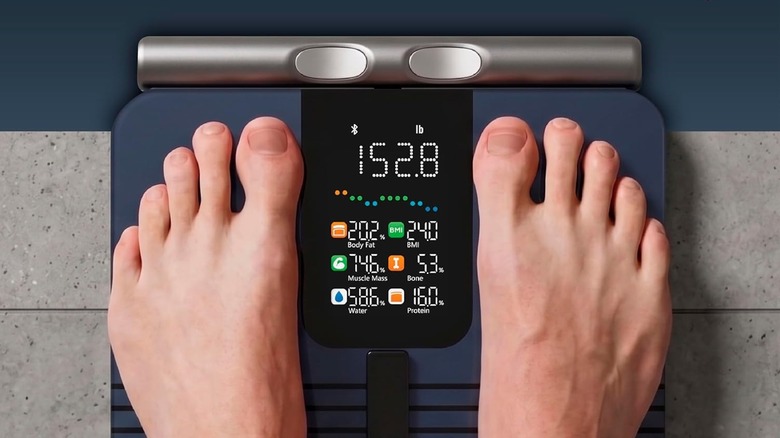 A person's feet on a body-scanning scale showing various data about their body composition.