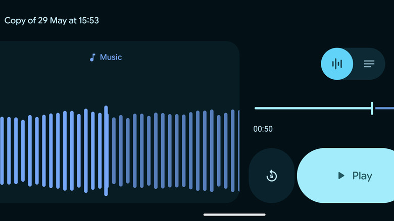 A screenshot of a recording's audio waveform, tagged as "Music," in the Pixel's Recorder app