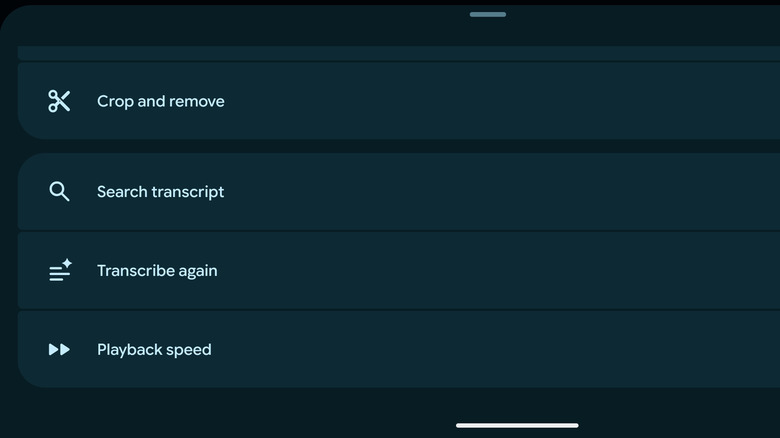 A screenshot of a recording's settings in the Pixel's Recorder app, with a focus on the "Transcribe again" option