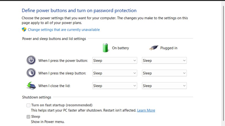 The 'Define power buttons and turn on password protection' window in Windows 11.