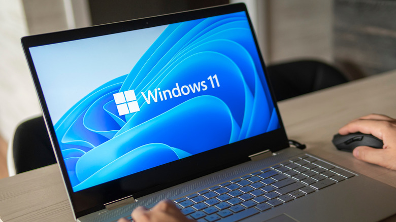A laptop open with the Windows 11 design on the screen.