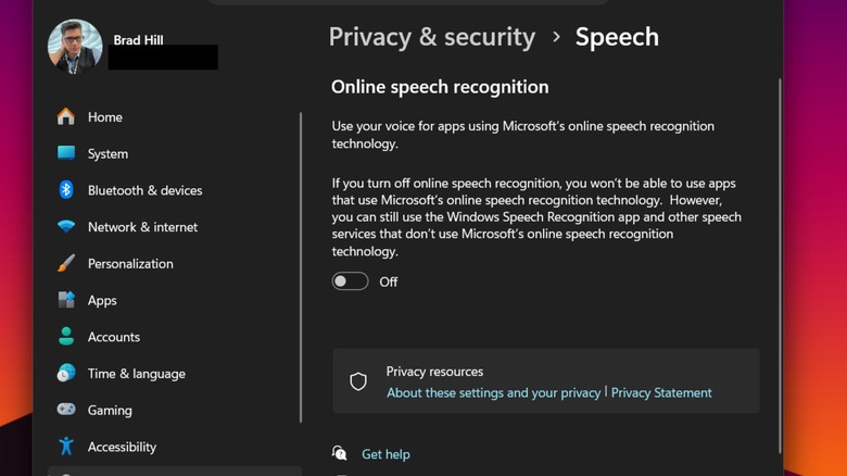 The Online speech recognition window on Windows 11 open.