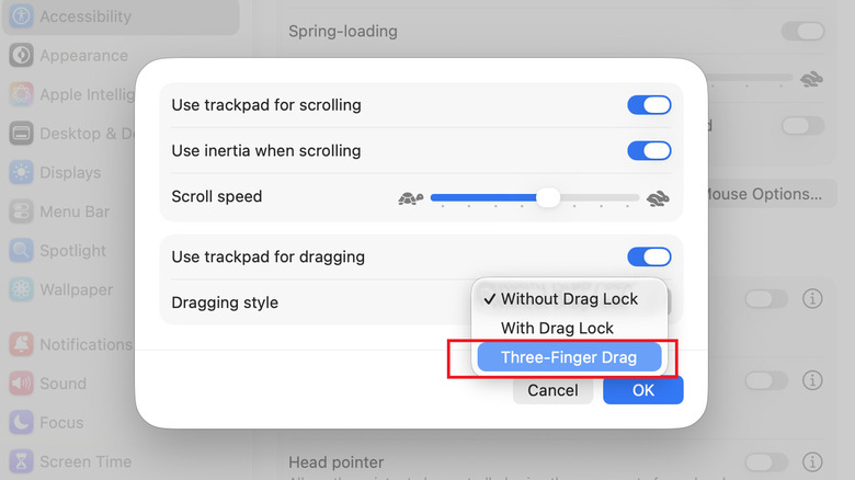 The macOS "Three-finger drag" option in the "Dragging style" dropdown highlighted in a red box.