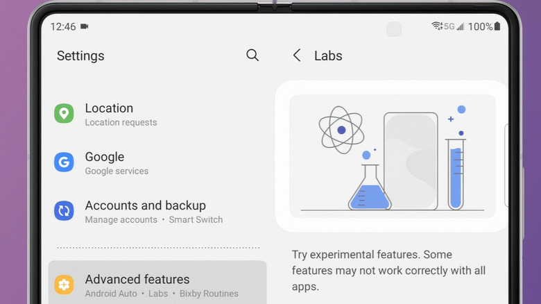 The Samsung labs settings are visbile on a Galaxy Fold's screen.
