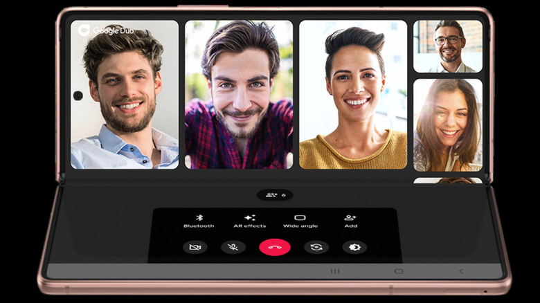 A Samsung fold shows a video call in Flex Mode.