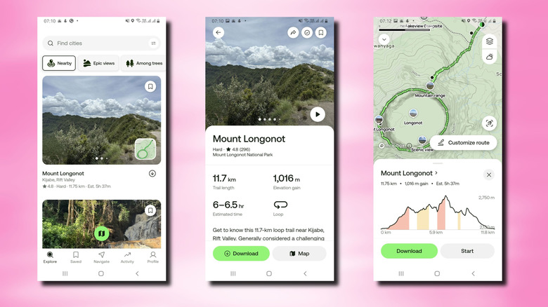 3 screenshots of Alltrails user interface on Android