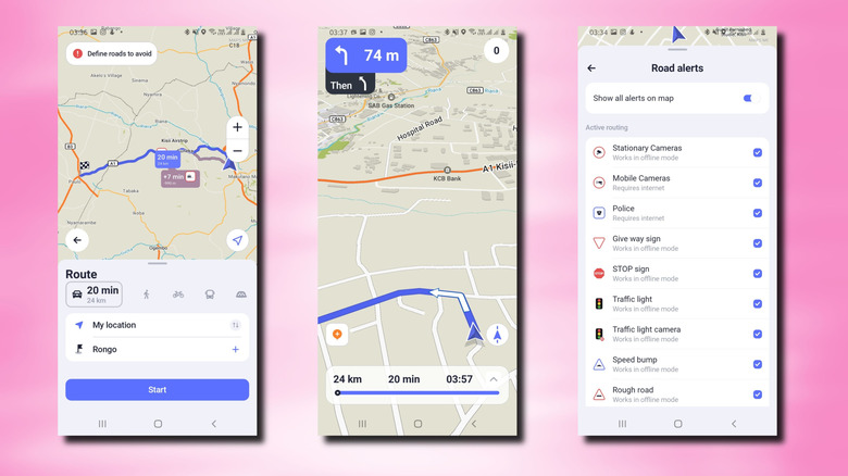 3 screenshots of MAPS.ME interface on Android