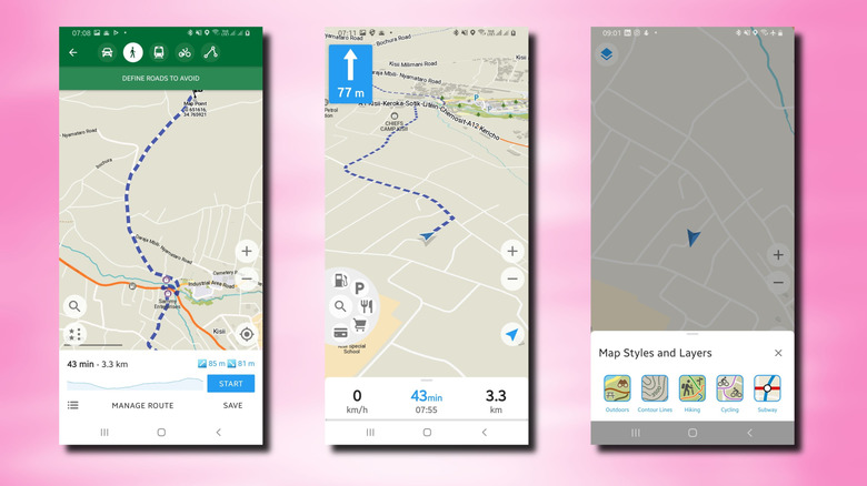3 screenshots of Organic Maps interface on Android