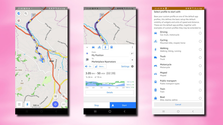 3 screenshots of OsmAnd interface on Android