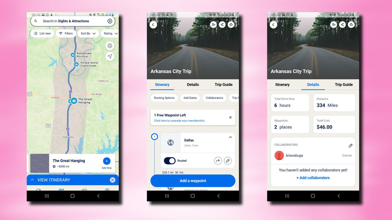 3 screenshots of Roadtrippers user interface on Android