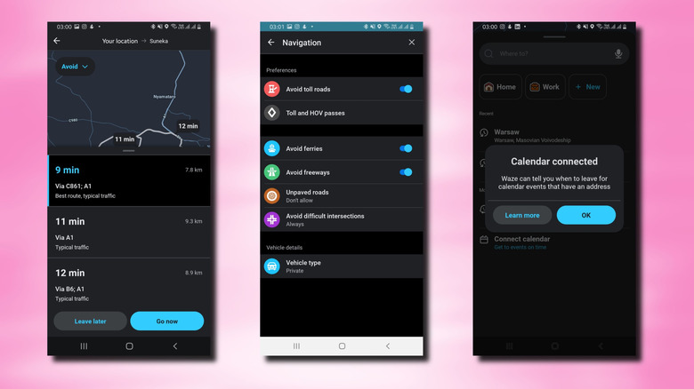 3 screenshots of Waze Map interface on Android