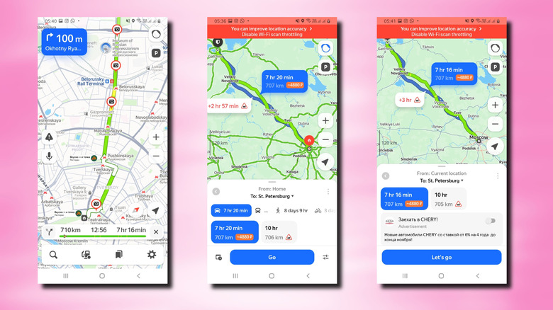 3 screenshots of Yandex Maps user interface on Android