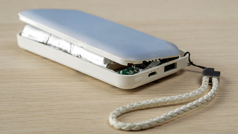 Partially opened power bank with a visibly swollen lithium-ion battery.