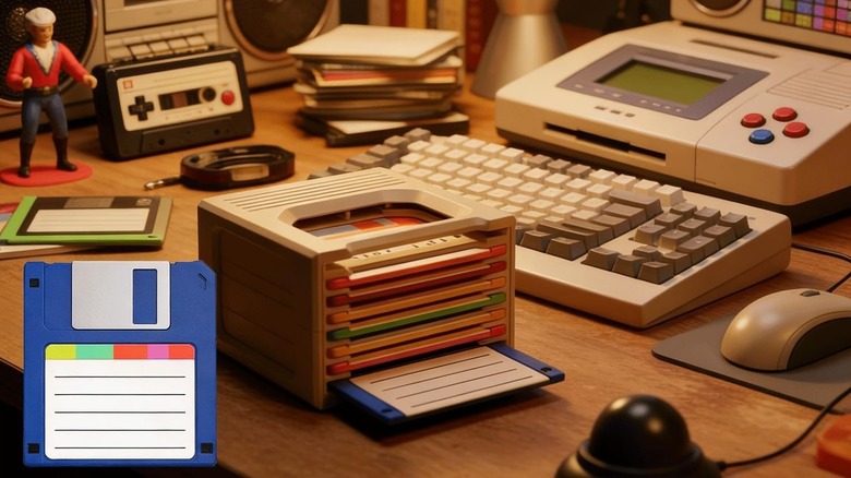 Floppy disk coasters on a retro '80s desk with gadgets nearby