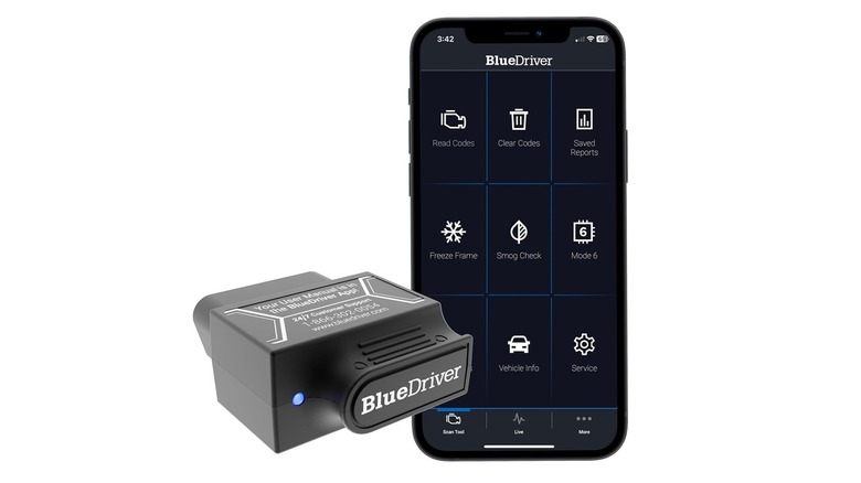 The BlueDriver Pro OBD2 scanner with its companion app on a white background.